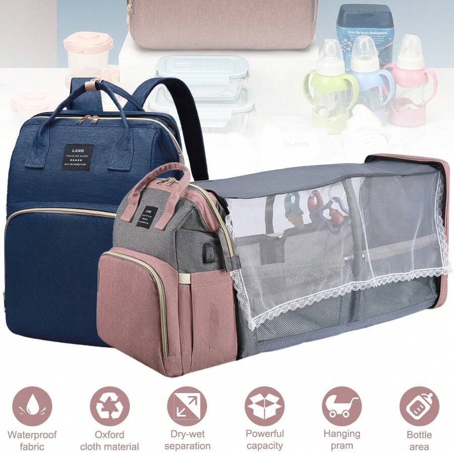 Baby Mommy Diaper Backpack Portable Baby Travel Bassinet Bag With Portable Changing Pad With 13 Pockets Mommy Bag Crib (PINK/BLUE) - Màu xanh hải quân - Xem 1