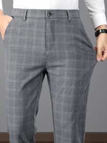 Men Plaid Slant Pocket Suit Pants - Grey - View 4