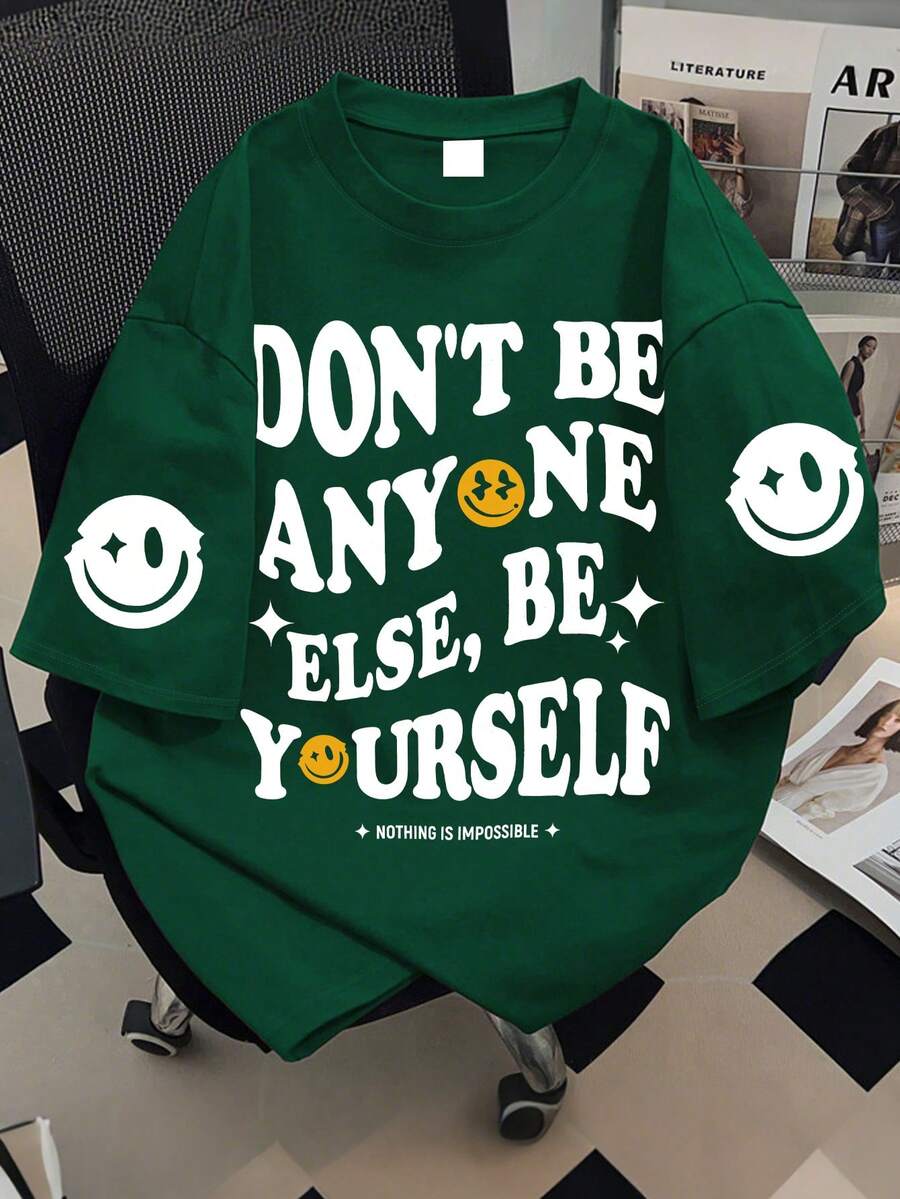 1-Piece Boy Slogan Printed Short-Sleeve T-Shirt, Soft Fabric Summer Daily Casual Wear - Dark Green - View 1