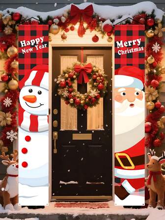 1 对圣诞装饰横幅旗帜，可爱的圣诞门廊悬挂装饰横幅旗帜，优雅的室内外装饰，非常适合门廊、庭院、车库和家居装饰
