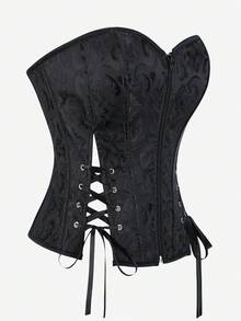 Top de forme de corset jacquard, bustier pour femme. Avec baleinage à l'avant, fermeture éclair à l'avant, ruban réglable à l'arrière, ruban croisé sur les côtés affinant et sexy. Convient pour les fêtes d'Halloween, les bals - Noir - Voir 7