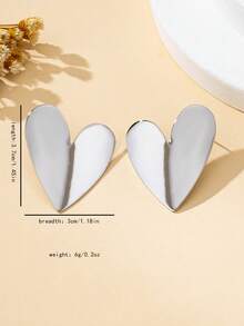 1 Pair Fashionable Heart-Shaped Metal Earrings, Valentine's Day Jewelry - Glossy-silver - View 6