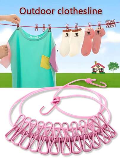 Portable Travel Clothesline, Retractable Camping Clothesline With 12 Clips, Adjustable Drying Rack For Indoor And Outdoor Use, Household Item. This Elastic And Retractable Clothesline Is Suitable For Backyard, Vacation, And Hotel Balcony, Easy To Carry, An Ideal Choice For Holiday Camping, Vacation Essentials, Travel Accessories, Beach Bag Travel Necessities, And Summer Vacation.