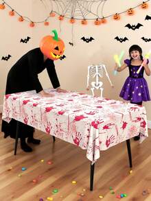 1pc Disposable Halloween Tablecloth, Bat Skull Haunted House Pumpkin Cobweb Bloody Handprint Pattern Print, Suitable For Halloween Decoration, Birthday Party Decor - Multicolor - View 9