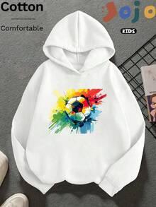 Kreatives, lässiges, minimalistisches, baumwollgepolstertes Sweatshirt mit überschnittenen Schultern für Jungen, bequemes, übergroßes Sweatshirt mit Rundhalsausschnitt, lockerer Street-Preppy-Style, Kinderkleidung, drapiertes, weiches Langarm-Oberteil, Sweatshirt der neuen Serie, Oberteil mit buntem Tintenhintergrund und Fußball-Print - Weiss - Übersicht 1