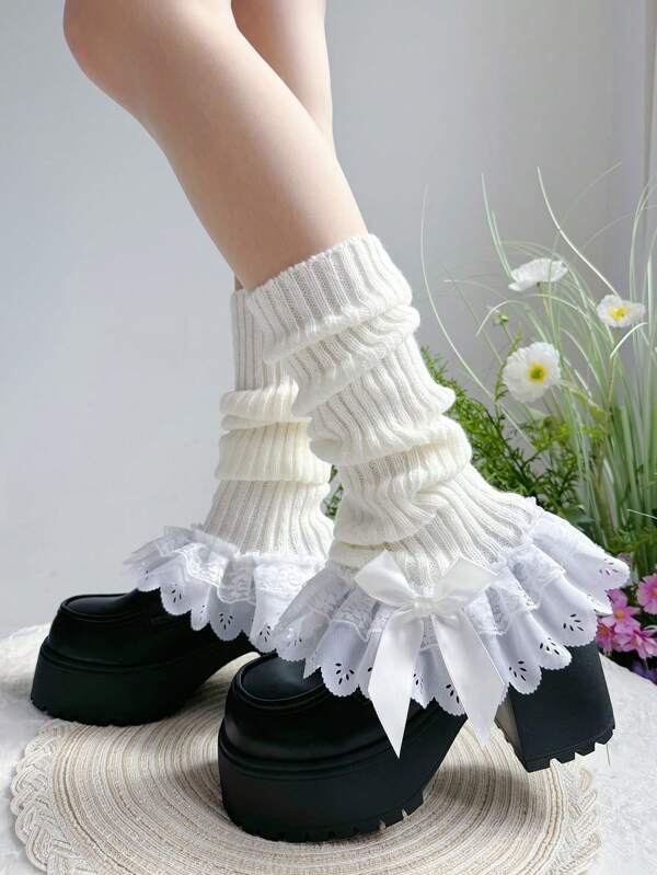 1 Pair Women's Warm Leg Warmers With Lace Trim Bow Decor, Cute Lolita Style