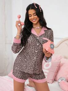 3pcs Set, Leopard Print, Versatile Styling Top & Shorts & Pants, Comfortable & Easy To Wear, Spring/Autumn, Fall Clothes - Camel - View 7