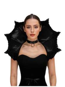 1pc Gothic Halloween Vampire Lace Collar Dark Color Tie Cloak With Spider Web Pattern Flared Mesh Cloak, Black Theme Cosplay Prop And Accessory - A - View 3