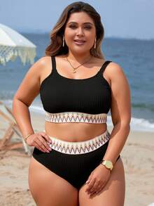 Swim Lushoire 夏季沙滩加大胶带比基尼套装上衣和高腰下装两件套泳衣 - 黑色 - 查看 5