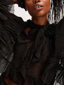 Women's Ruffled Tops Bow Tie Design Long Sleeve Peplum Lace Trim Chiffon Shirt Sheer V Neck Boho Ruffle Beach Blouse - 黑色 - 查看 3