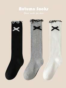 1 双/3 双儿童秋冬及膝袜，黑白灰色蝴蝶结装饰，校园风格女童蕾丝边长袜