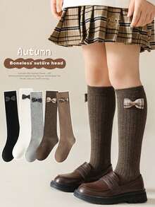 1 Pasang/5 Pasang Kaos Kaki Setinggi Lutut Anak-Anak Warna Polos dengan Hiasan Pita, Kaos Kaki Gaya Sekolah untuk Anak Perempuan, Musim Gugur/Dingin - MultiWarna - View 1