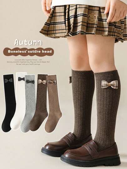 1双/5双装儿童纯色过膝袜，带蝴蝶结装饰，学院风女童袜，秋冬季