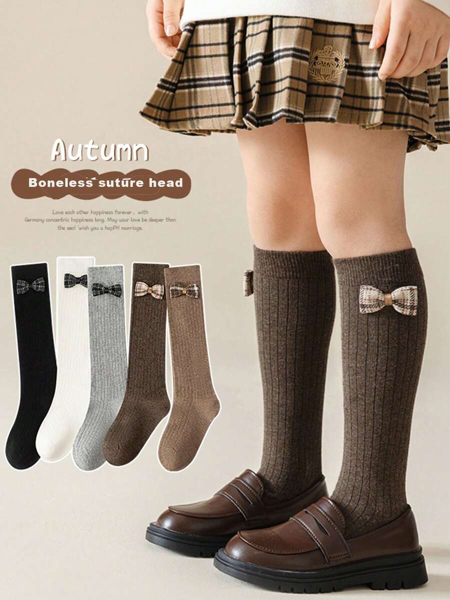 1 Pasang/5 Pasang Kaos Kaki Setinggi Lutut Anak-Anak Warna Polos dengan Hiasan Pita, Kaos Kaki Gaya Sekolah untuk Anak Perempuan, Musim Gugur/Dingin - MultiWarna - View 1