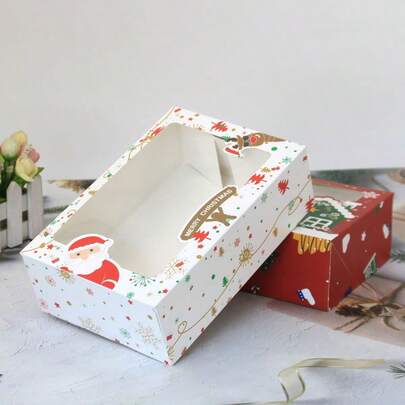 1pc Christmas New White Cardboard PVC Window Gift Box, One-Piece Molded No Folding White Cardboard Christmas Cookie Box, Packaging Box, Container For Chocolate Covered Strawberries, Donuts, Muffins (Random Style) Christmas Christmas Decorations Christmas Pajamas Christmas Gifts Christmas Decor