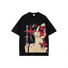 COETIC Oversized Red Star Face Graphic Tee – Street Hip-Hop Style For Men And Women - 黑色1 - 查看 1