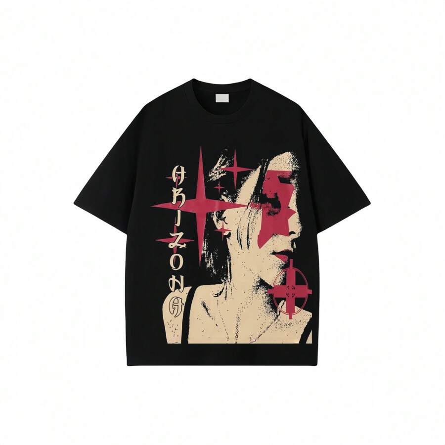 COETIC Oversized Red Star Face Graphic Tee – Street Hip-Hop Style For Men And Women - 黑色1 - 查看 1