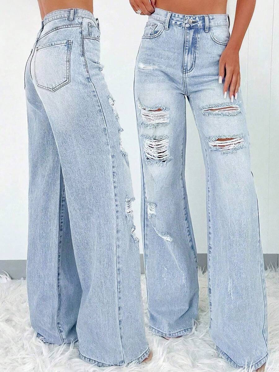 Fashionable Elegant Stylish Personalized Street Details Ripped Button Jeans, Suitable For Single's Party, Back To School Season, Valentine's Day, Casual, Night Out, Travel, All Seasons Spring