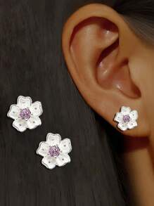 1 paire Boucles d'oreilles pendantes en argent sterling 925 avec design fleur de cerisier et pampille en zircone cubique rose pour femmes, nouvelles  de vacances 2023