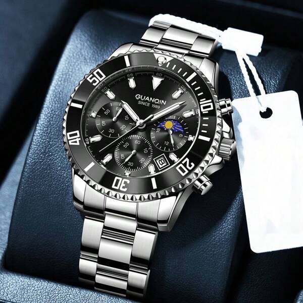 GUANQIN 1 szt. GUANQIN Wodoodporny, świecący zegarek chronograf z kalendarzem i fazami księżyca, odporny na zużycie pasek ze stali nierdzewnej, modny, biznesowy, luksusowy, sportowy, klasyczny, prosty, codzienny, mechaniczny, męski, automatyczny zegarek kwarcowy, odpowiedni na Walentynki, festiwale, randki, biznes, na co dzień, prezenty