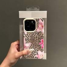 1pc White Leather Texture Minimalist Leopard Print, Pink Orchid & Hibiscus Pattern Phone Case, Suitable For IPhone 16 Pro Max, 15/14 Plus, 13, 12, 11