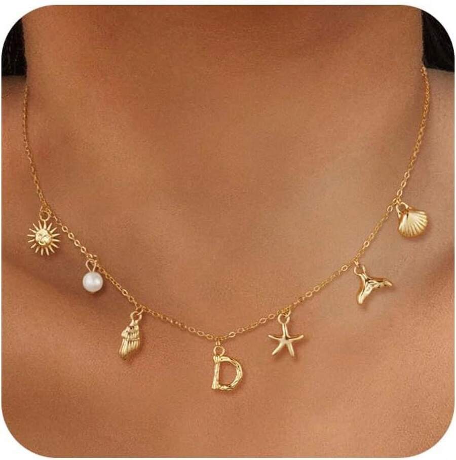 CAROVO Gold Initial Charm Necklace Women Letter A-Z Necklace 14K Gold Plated Charm Pendant Necklace Boho Summer Seashell Beach Starfish Surfer Jewelry - d - 查看 1