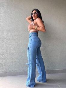 The Lemon 3022 Calça jeans feminina  cargo pantalona wide leg calca Calça jeans lisa cintura alta elegantes - Lavagem Média - Visão 3