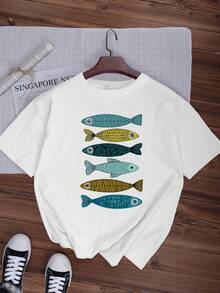 Plus Size Women's Fish Pattern T-Shirt-Casual Round Neck, Short Sleeve, Breathable And Machine Washable - White - View 1