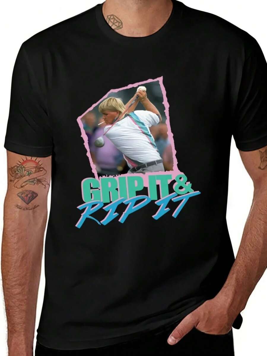 John Daly "Grip It & Rip It" Retro Golf Graphic Men's T-Shirt - Heavyweight Short Sleeve Tee With Geometric Design, Machine Washable Casual Shirt For Men & Women, Golf T Shirt, Everyday Outfit, Sporty Aesthetic, Durable Fabric, Printed Top, Sports Enthusiasts, Leisure Clothing, Vintage Style, Breathable Material, Adult Apparel - 黑色 - 查看 1