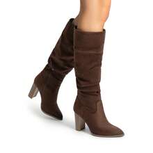 Botas altas para mujer de puntera puntiaguda, tacón grueso y bloque, de ante, con cremallera lateral, cómodas y de moda, estilo holgado, para otoño/invierno - Marrón Chocolate - Ver 10