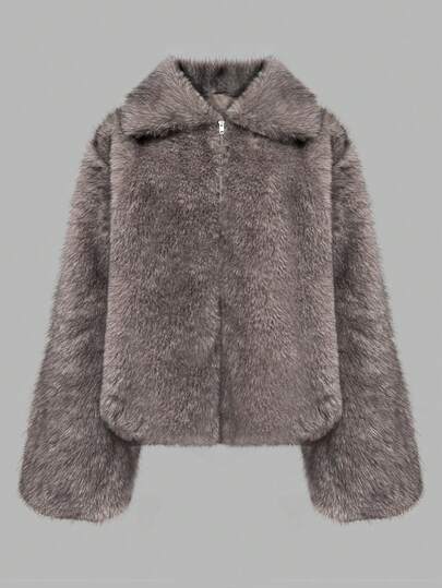 Women's Casual Loose Turndown Collar Long Sleeve Grey Warm Faux Fur Lined Winter Jacket