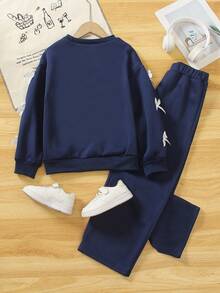 2 Pieces Set: Tween Girls Casual Bowknot Long Sleeve Crew Neck Sweatshirt And Straight Leg Sweatpants, Autumn - Navy Blue - View 9