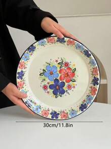 1 Stück Blumen-Emaille-Teller, französischer vintage Blumen-Frisch-Blau Dessert-Teller, Retro-Teller für Pasta, Frühstück, Obst, Suppenlöffel, geeignet für Restaurant, Wohnzimmer, Küche, Geschirr