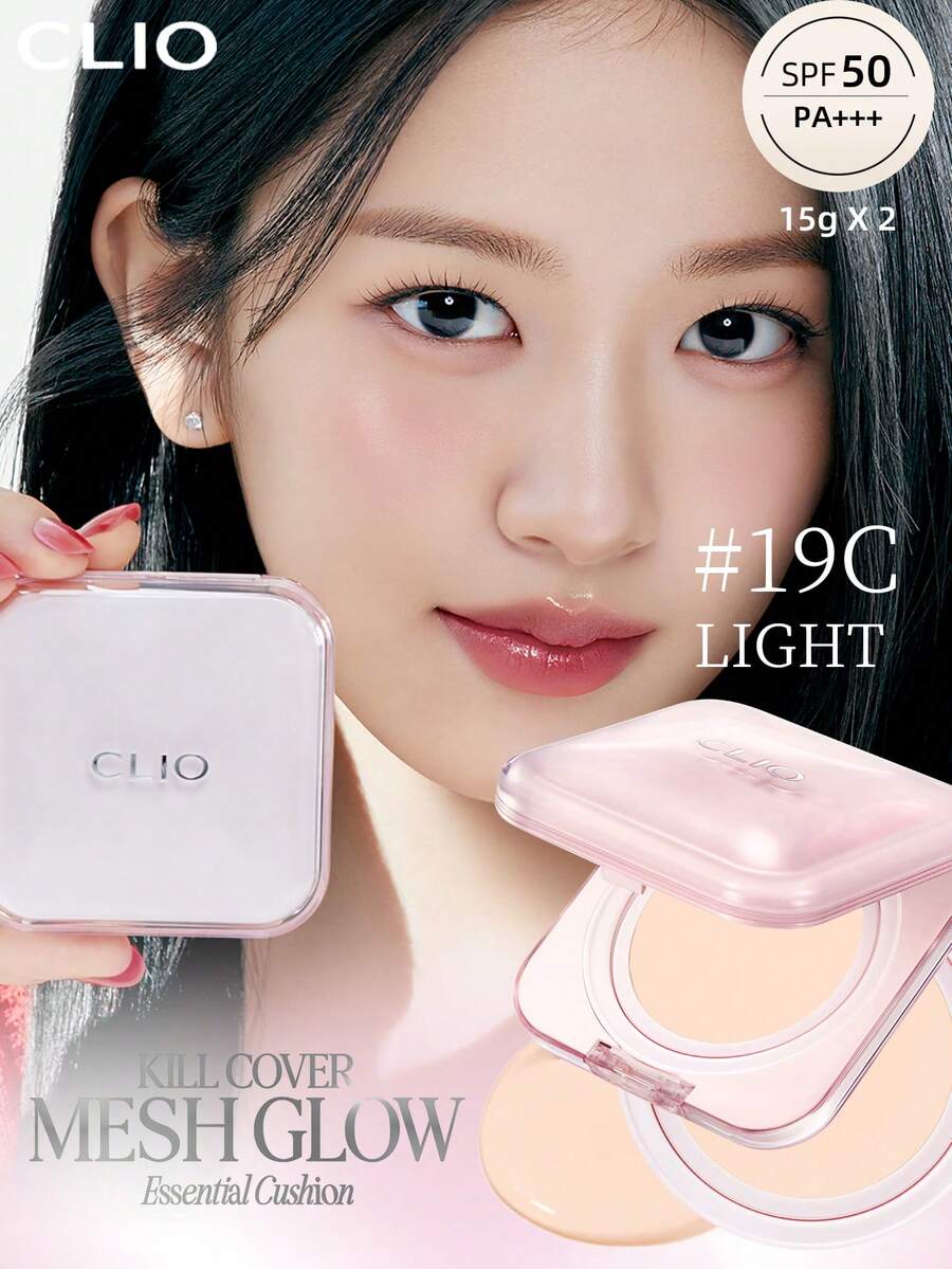 Clio K-Beauty KILL COVER MESH GLOW ESSENTIAL CUSHION FOUNDATION SET,15g*2 [Refill Included] , SPF50+ PA++++, Flawless Glass Skin, Glowy Skin Makeup, Moisturizing & Hydrating, No Powder Feeling, Lightweight, Buildable Coverage, ,Korean Makeup - 19C LIGHT - View 1