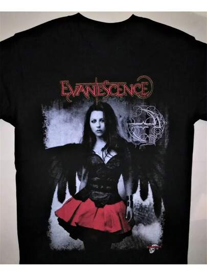 Camiseta gráfica oficial de la banda de Amy  de Evanescent - Camiseta gótica con el logo de Evanescent y diseño de Amy , camiseta casual de manga corta de 220g de peso pesado con cuello redondo para hombres y mujeres, ropa para todas las estaciones, lavable a máquina, letras de My Immortality & Take Me to Life, estilo de los 90, ajuste unisex para adultos, negro con impresión roja y dorada, mercancía icónica de Evanescent