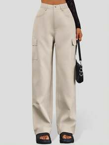 Women's Solid Color Cargo Pocket Straight Loose Casual Pants, Spring/Summer - Apricot - View 2