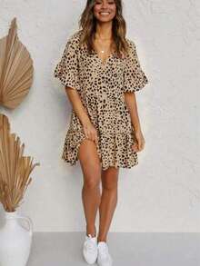 Women's Polka Dot Print V-Neck Casual Elegant Dress, Short Sleeve - Khaki - View 5