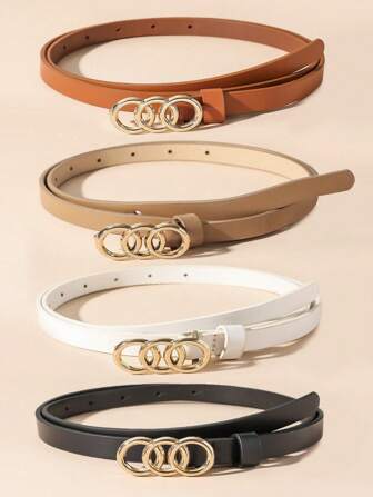 1/3pcs Women's Golden Styling Buckle Black, White And Brown Versatile Fashion Casual Belt Universal For All Seasons