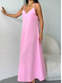 Solid Color Casual Backless Dress, Summer Wedding - Dusty Pink - View 4