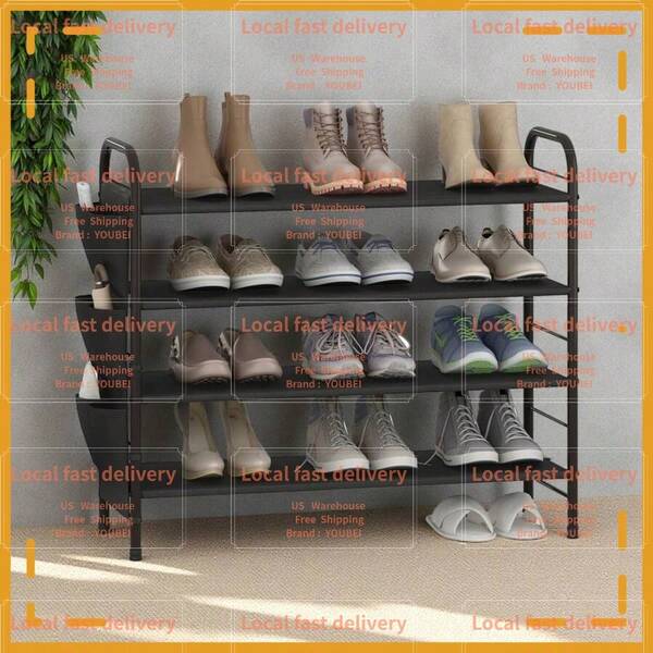 Local Devery-YOUBEI-Shoe Rack Storage Organizer 4 Tier Free Standing Metal Shoe Shelf Compact Shoe Organizer With Side Bag For Entryway Closet Bedroom