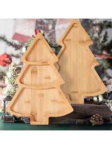 1pc Christmas Tree Wood Tray, Available In 2 Styles: 3-Compartment 27.5*20cm And 1-Compartment 28*20cm, Home Christmas Decor, Christmas Kitchen Tabletop Decor, Christmas Decoration, 2024 New Christmas Dinnerware. Used For Serving Food, Snacks, Beverages, Sushi, Steak, Pizza, Desserts, Cakes And Breads, Breakfast Tray, Coffee Tray, Tea Tray, Charcuterie Board, Easy-Carry Recessed Handles, Household Kitchen Supplies, Christmas Decor Tray, Christmas.