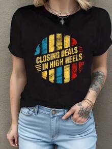 Cierre de ofertas en tacones altos -----   camisetas, camisetas casuales de moda, camisetas de cuello redondo de moda para mujer Camiseta de manga corta de algodón de 220 g, impresión por una cara - Negro - Ver 1