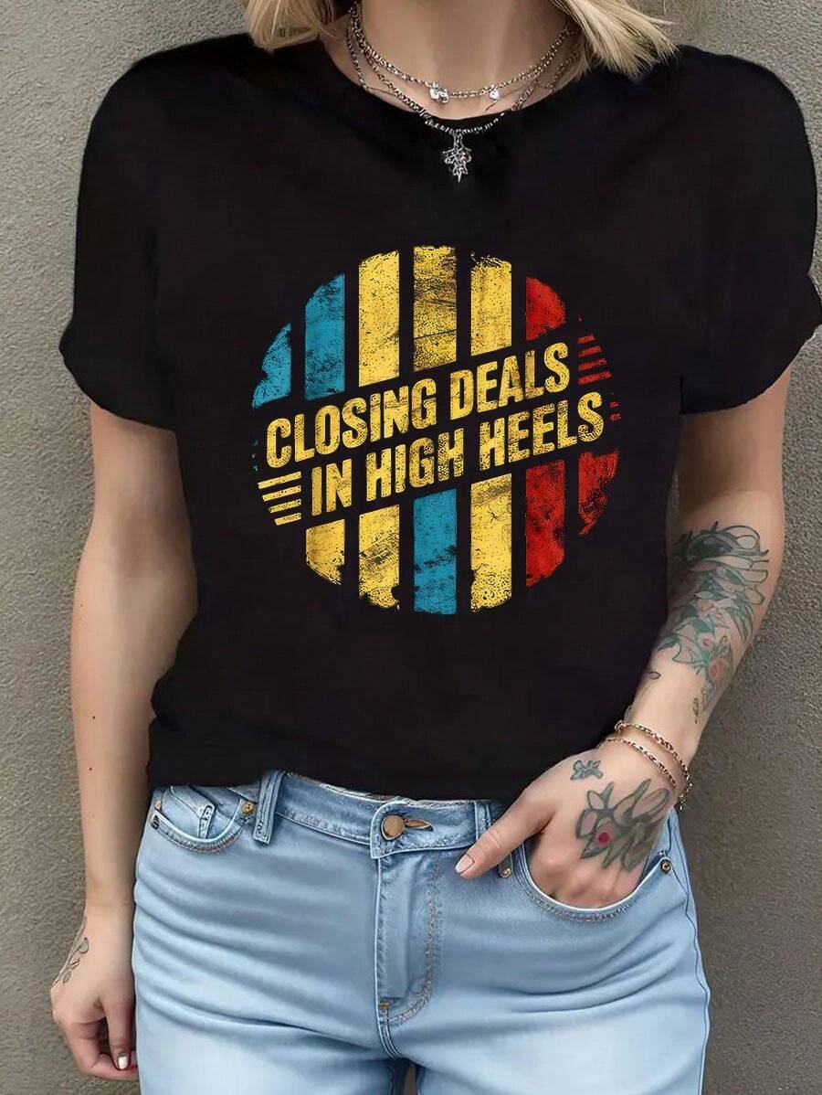 Cierre de ofertas en tacones altos ----- camisetas, camisetas casuales de moda, camisetas de cuello redondo de moda para mujer Camiseta de manga corta de algodón de 220 g, impresión por una cara - Negro - Ver 1