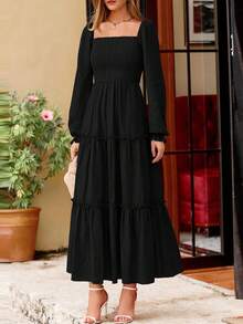 Women Elegant  Maxi Dresses For Fall Boho Long Sleeve Smocked A Line Ruffle  Wedding Guest Holiday Party Long Dress With Pockets New Years Valentine Vacation Spring Dresses For Women Vestidos Elegantes De Mujer - màu đen - Xem 8