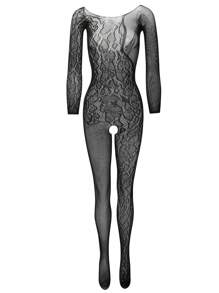Women Sexy Lingerie Fishnet Bodystocking Base Mesh Socks Jumpsuit Mesh Leopard Print See Through Jumpsuit - Black - View 6