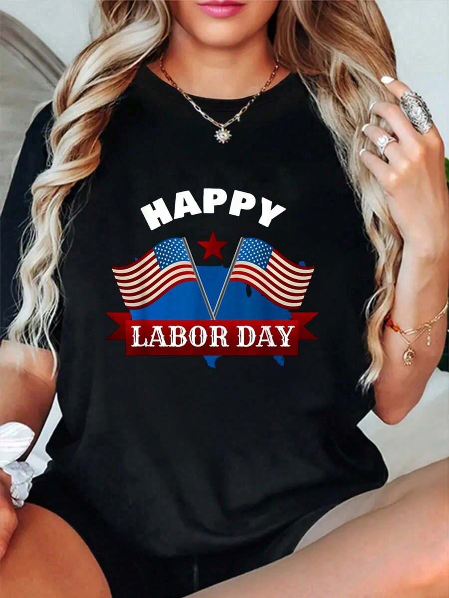 Happy Labor Day T Shirt T-Shirt Summer Outfits Women T Shirts Women Graphic Tees Women - Black - View 1