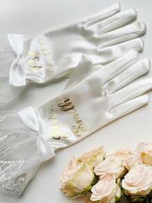1 pieza Guantes personalizados bordados Guantes de novia personalizados con puños de encaje - Personalizado con nombre "Sra." y fecha de boda Guantes de satén - Regalo elegante para la novia, accesorio de boda - Multicolor - Ver 6