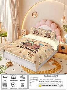 Conjunto de capa de edredom estampada "Capivara dormindo" para 1/2 pessoa, sem enchimento, adequado para adolescentes, quarto masculino, macio e confortável, presente perfeito para fãs de capivara de desenho animado - conjunto de 4 peças (inclui 1 capa de edredom + 2 fronhas + 1 lençol, sem edredom ou travesseiros)