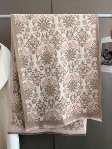 1 buah Syal/Selendang Hangat Rajut Jacquard Motif Bunga Bahan Kasmir Imitasi untuk Wanita, Aksesori Fesyen Serbaguna untuk Musim Gugur/Musim Dingin, Cocok untuk Dekorasi Gaun - Bunga Lili Khaki - View 2