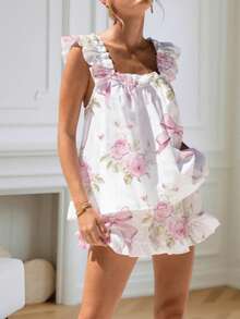 Womens Pajamas Set Bow Floral Print Ruffle Sleeveless Tank Top And Shorts Sleepwear Set Summer 2 Piece Outfits Women Floral Print Pajama Sets 2 Piece Lounge Set Ruffle Trim Sleeveless Top And Shorts Pjs Sleepwear - 白底玫瑰花 - 查看 5